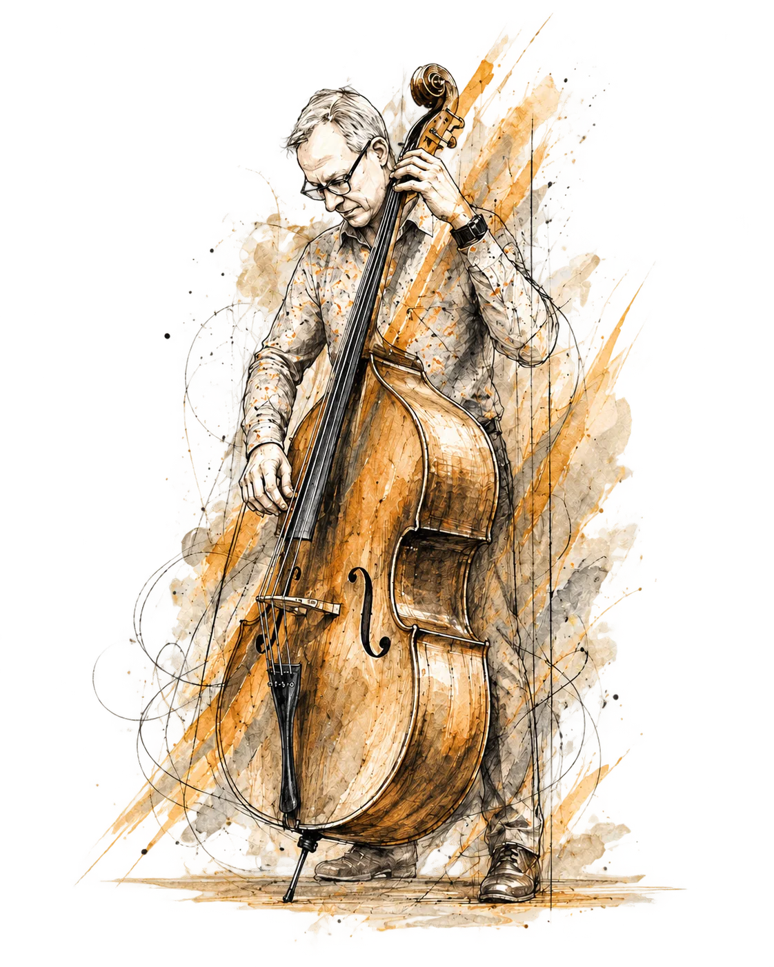 Expressive pencil and ink sketch of a double bass player