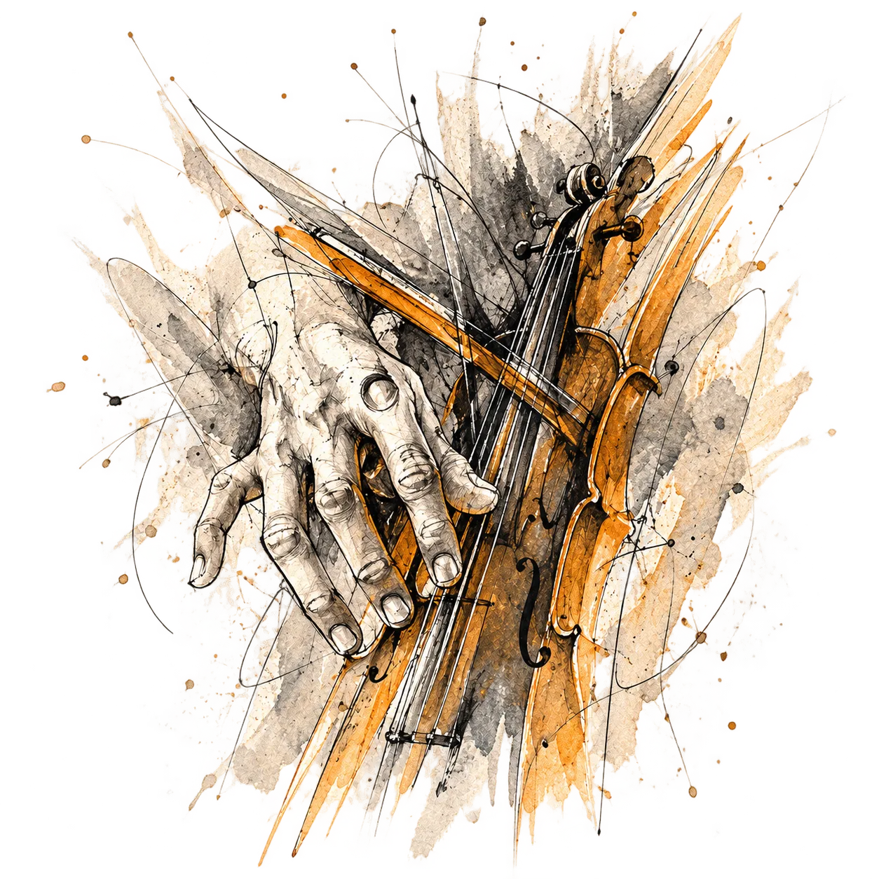 Expressive artwork of hands playing a string instrument