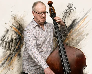 Musician playing double bass with expressive sketched artwork
